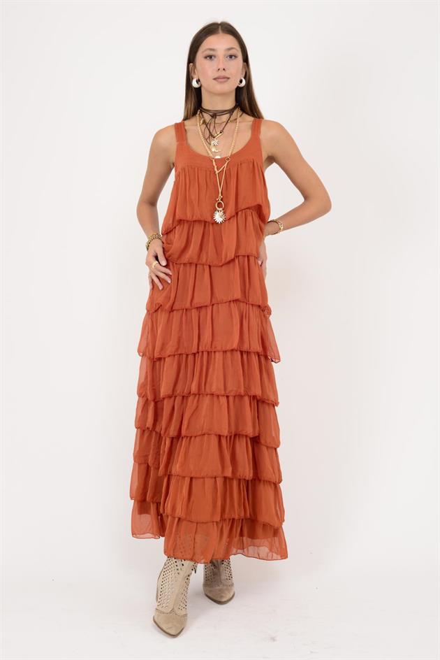 66370 KALIN ASKILI KAT KAT İPEK ELBİSE