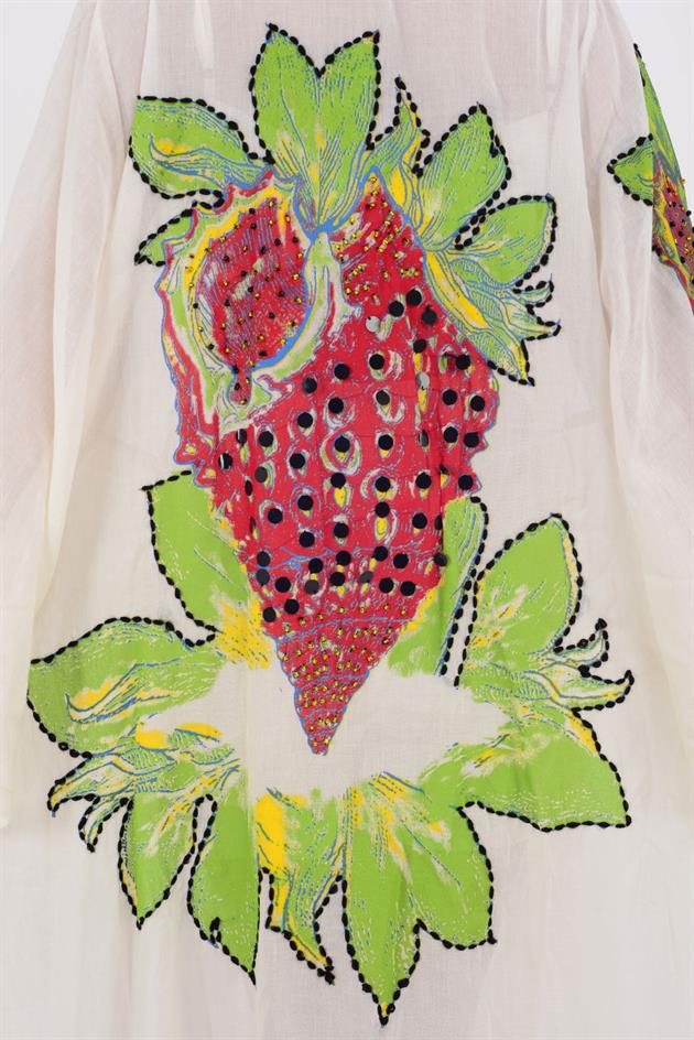 666 ÇİLEK BASKILI BONCUK DETAYLI HAM KİMONO