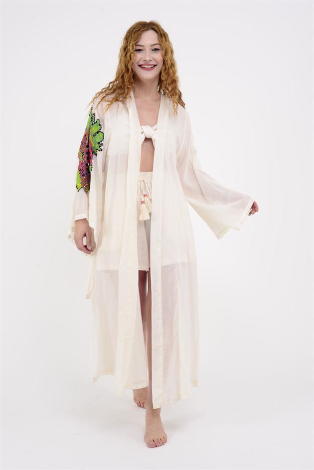 666 ÇİLEK BASKILI BONCUK DETAYLI HAM KİMONO