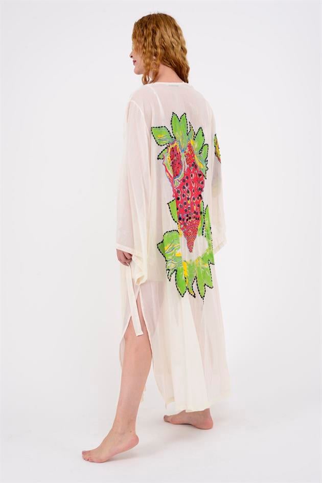 666 ÇİLEK BASKILI BONCUK DETAYLI HAM KİMONO