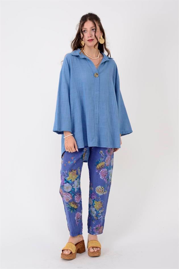 6816 SPRING ÇİÇEK DESEN HAVUÇ KETEN PANTOLON