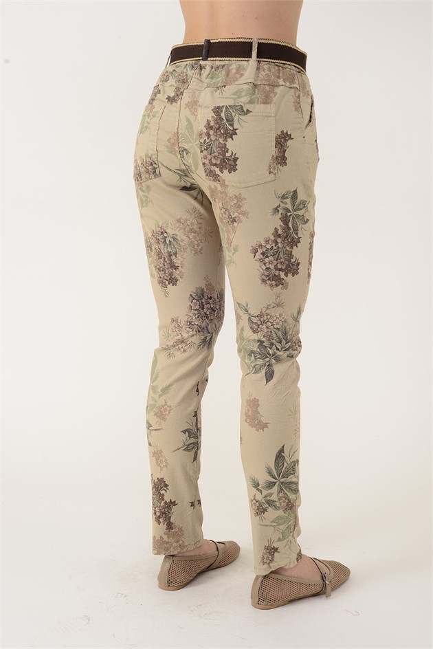 70144 KEMER DETAYLI ÇİÇEK DESEN PANTOLON