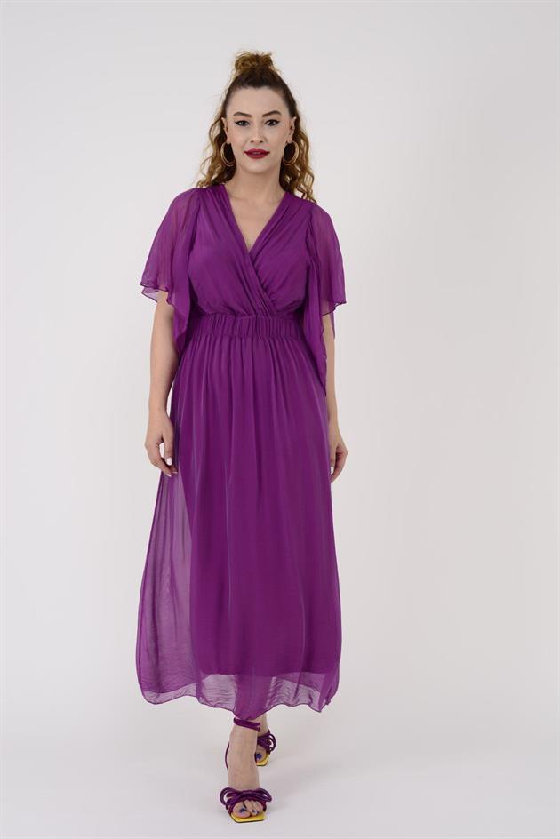 7066 MERIDA KRUVAZE YAKA İPEK ELBİSE