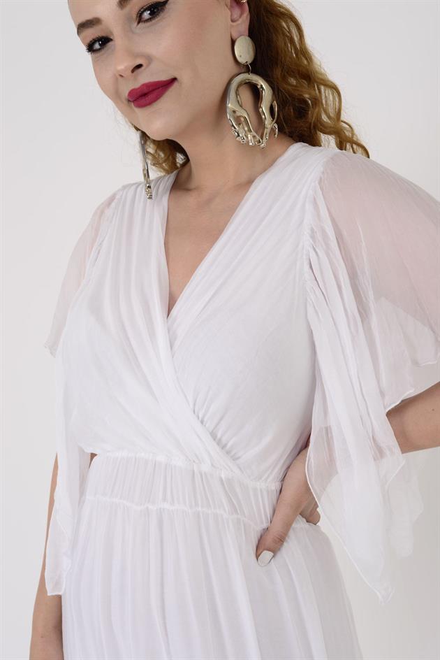 7066 MERIDA KRUVAZE YAKA İPEK ELBİSE