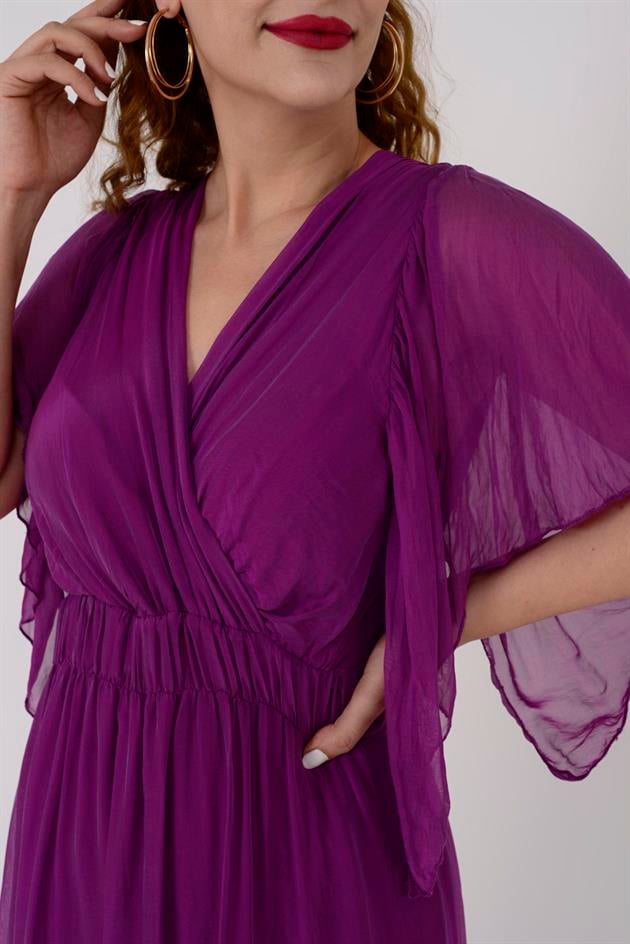 7066 MERIDA KRUVAZE YAKA İPEK ELBİSE