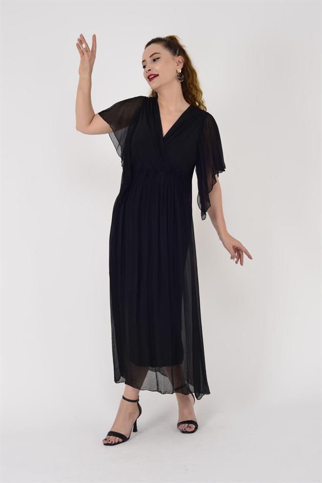 7066 MERIDA KRUVAZE YAKA İPEK ELBİSE