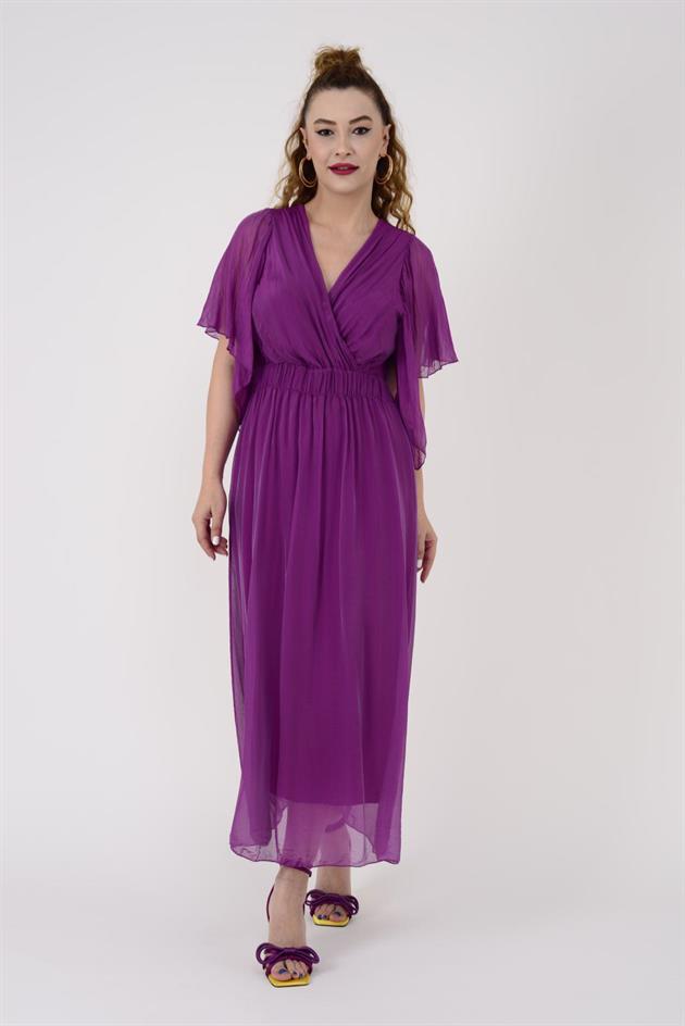 7066 MERIDA KRUVAZE YAKA İPEK ELBİSE