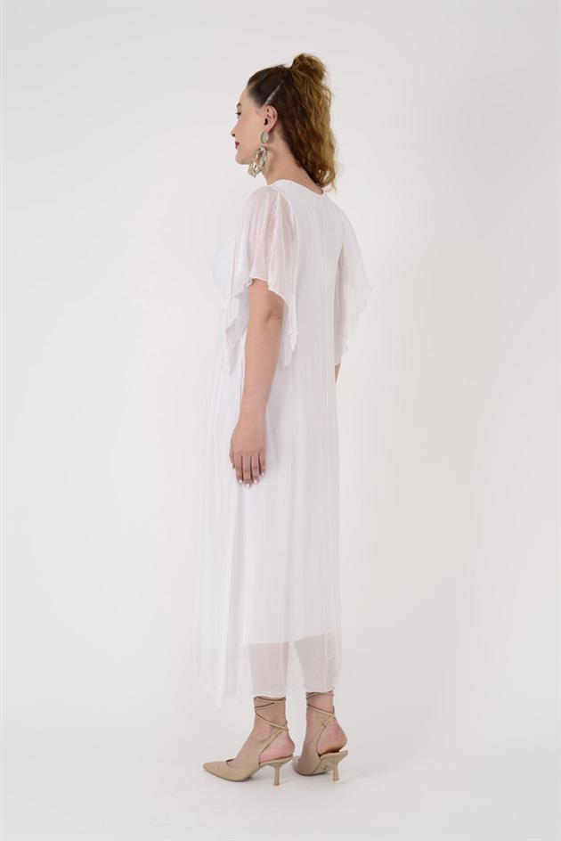 7066 MERIDA KRUVAZE YAKA İPEK ELBİSE