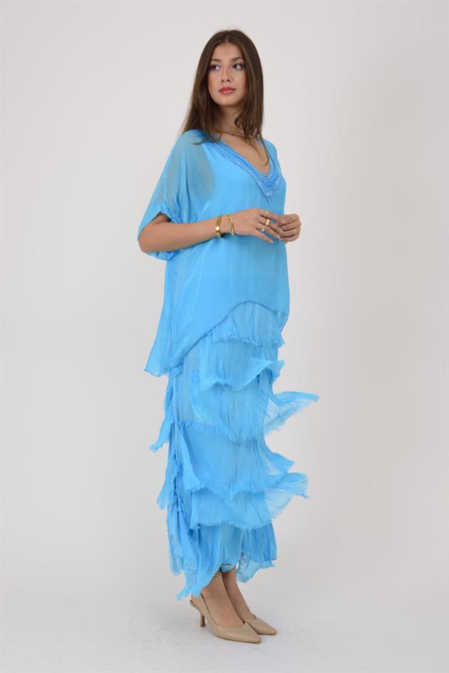 7095 PAYET DETAYLI V YAKA KAT KAT İPEK ELBİSE