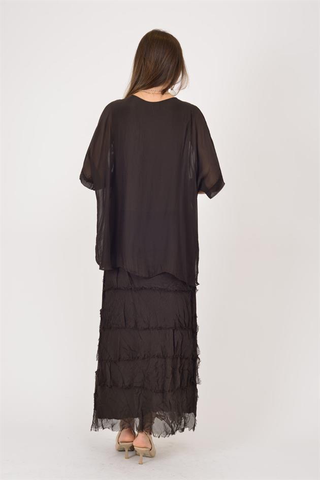 7095 PAYET DETAYLI V YAKA KAT KAT İPEK ELBİSE