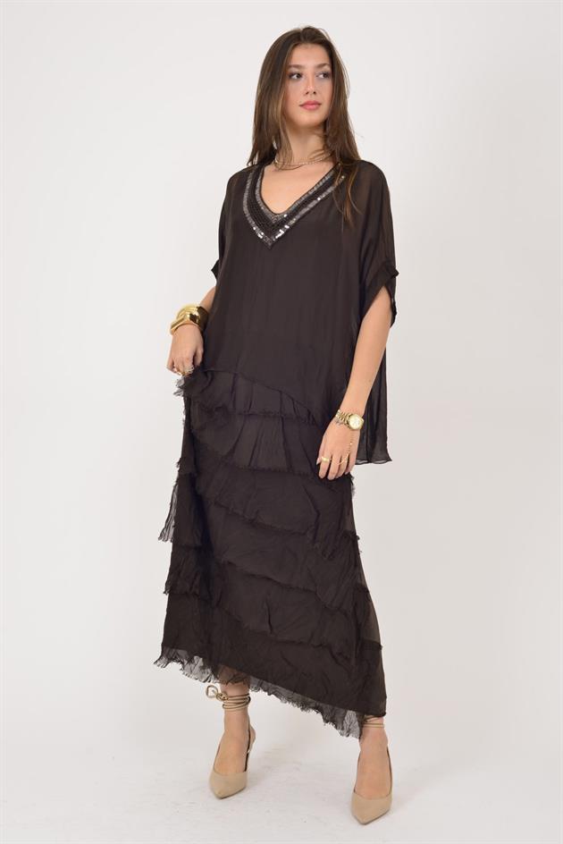 7095 PAYET DETAYLI V YAKA KAT KAT İPEK ELBİSE