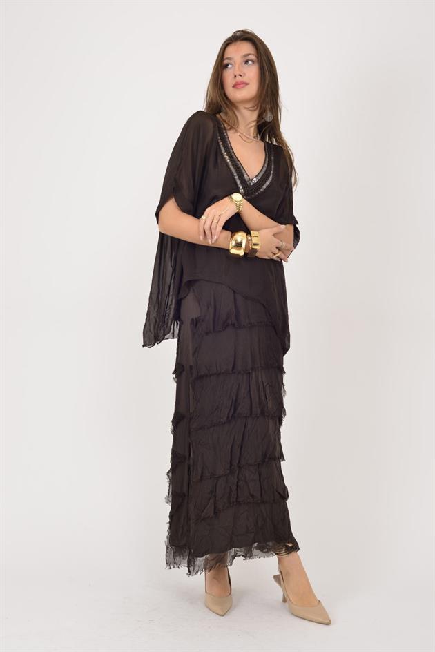 7095 PAYET DETAYLI V YAKA KAT KAT İPEK ELBİSE