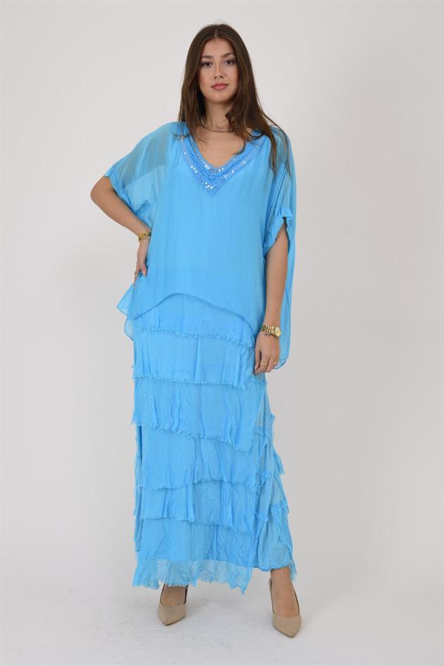 7095 PAYET DETAYLI V YAKA KAT KAT İPEK ELBİSE