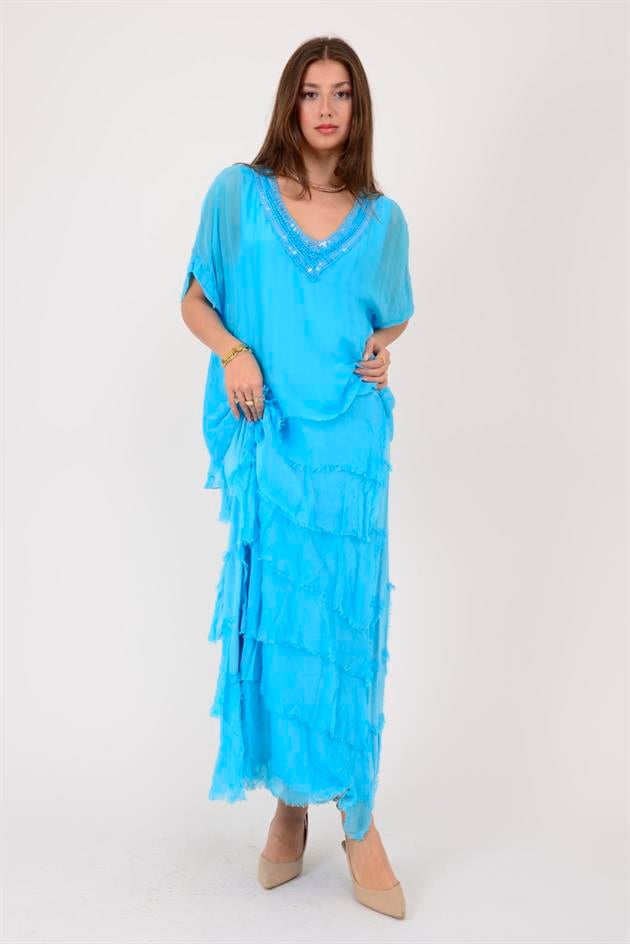 7095 PAYET DETAYLI V YAKA KAT KAT İPEK ELBİSE