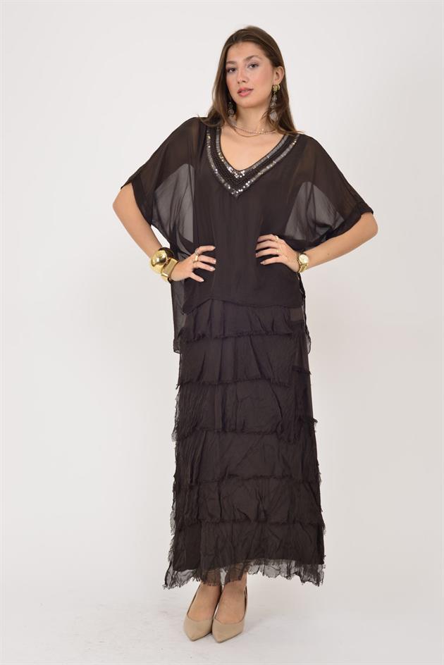 7095 PAYET DETAYLI V YAKA KAT KAT İPEK ELBİSE