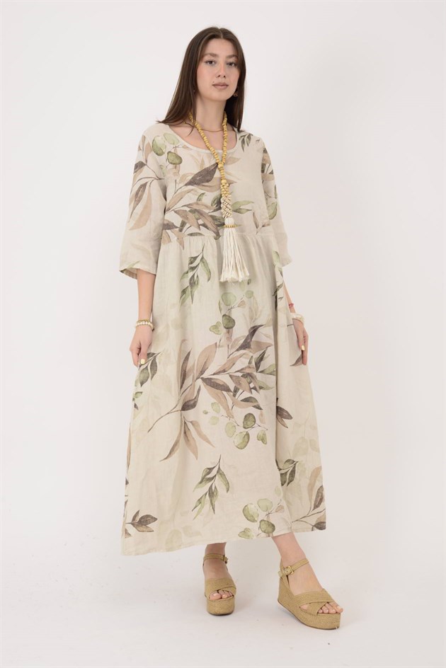 7148 SPRING YAPRAK DESEN KETEN ELBİSE