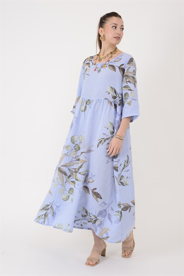 7148 SPRING YAPRAK DESEN KETEN ELBİSE