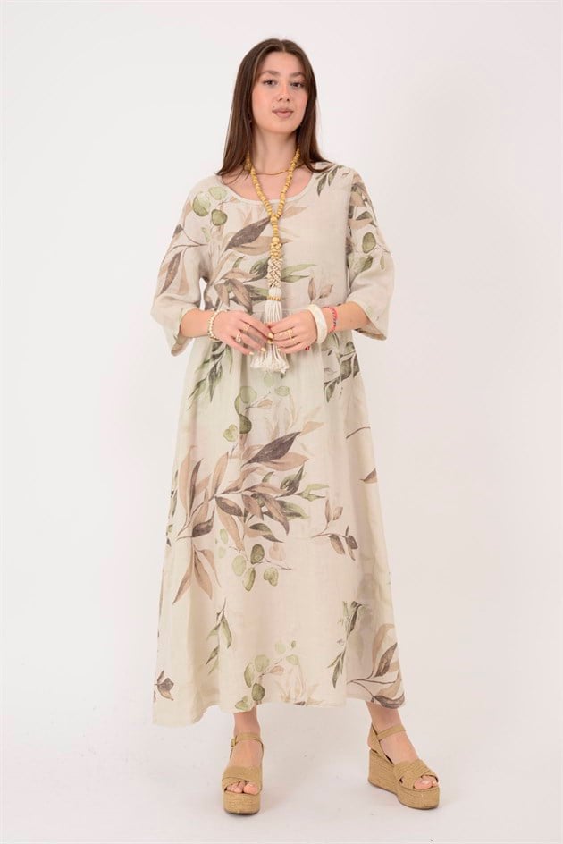 7148 SPRING YAPRAK DESEN KETEN ELBİSE