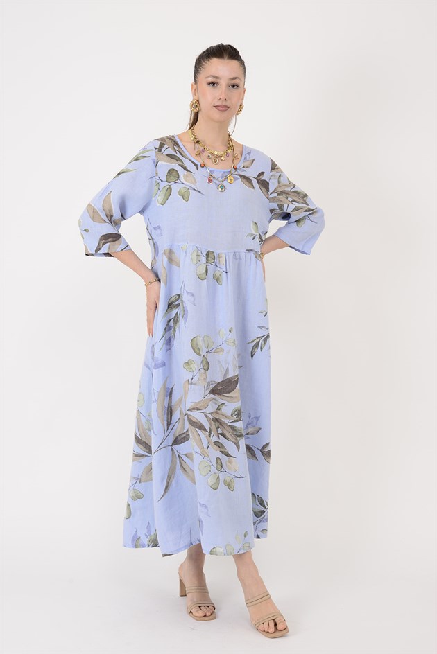 7148 SPRING YAPRAK DESEN KETEN ELBİSE