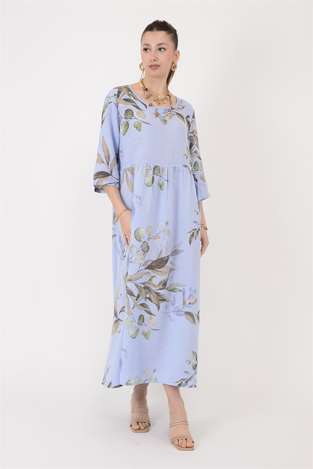 7148 SPRING YAPRAK DESEN KETEN ELBİSE