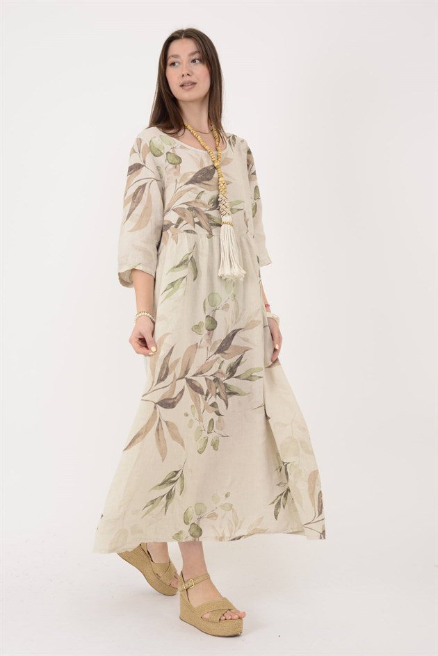 7148 SPRING YAPRAK DESEN KETEN ELBİSE