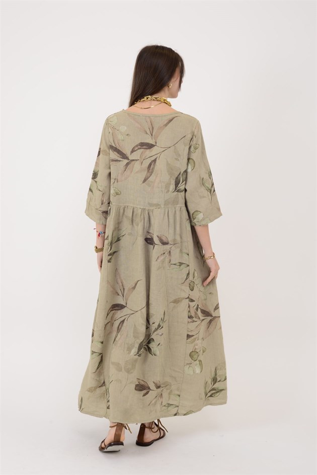 7148 SPRING YAPRAK DESEN KETEN ELBİSE