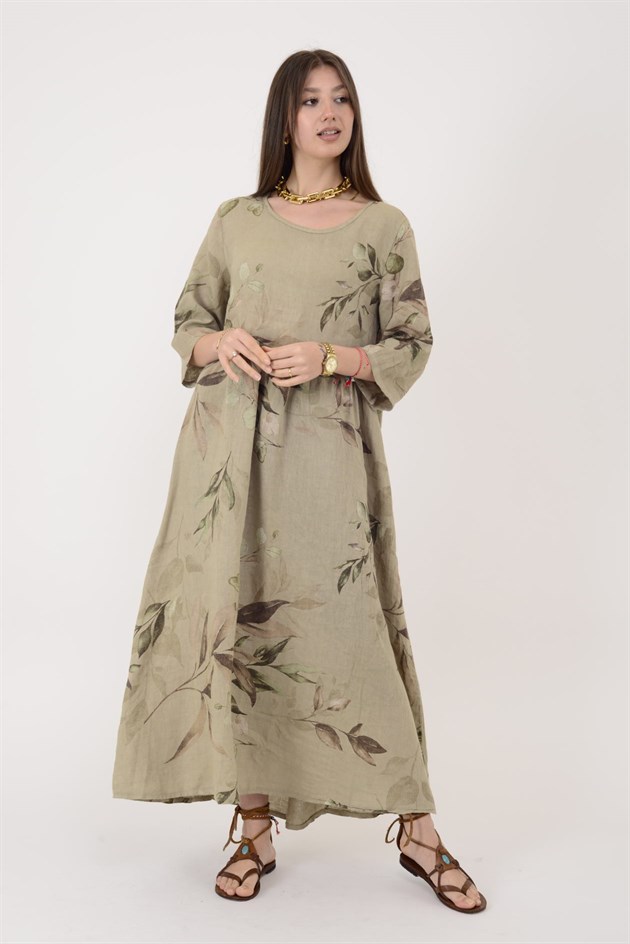 7148 SPRING YAPRAK DESEN KETEN ELBİSE