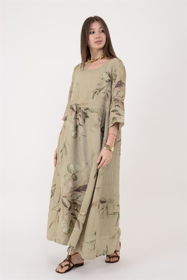 7148 SPRING YAPRAK DESEN KETEN ELBİSE