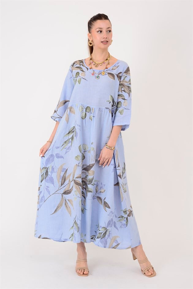 7148 SPRING YAPRAK DESEN KETEN ELBİSE