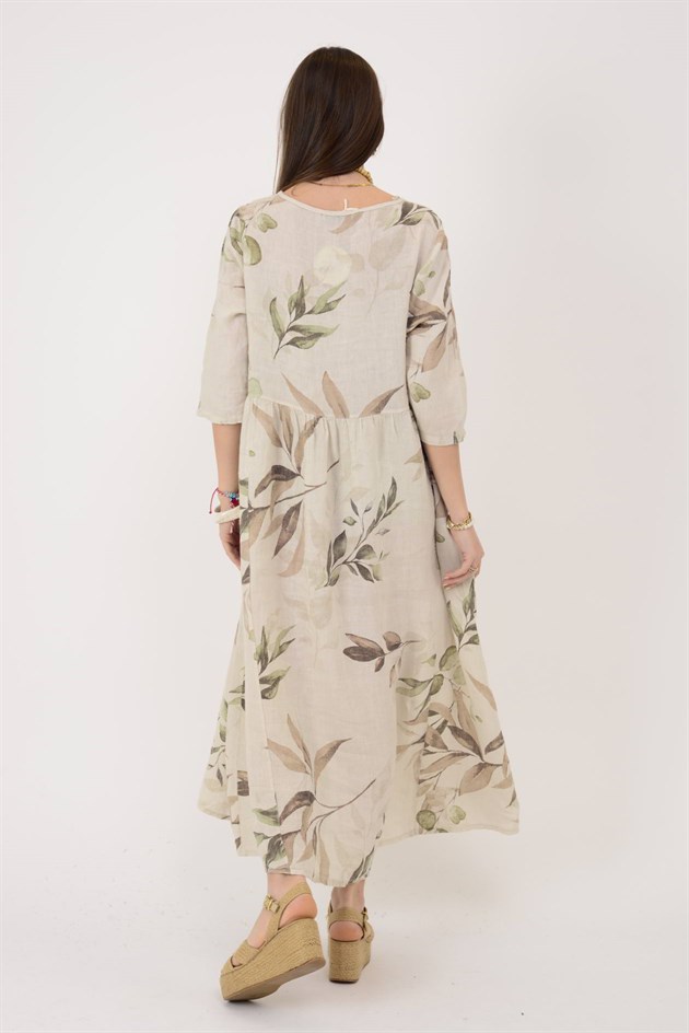 7148 SPRING YAPRAK DESEN KETEN ELBİSE