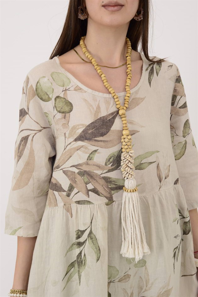 7148 SPRING YAPRAK DESEN KETEN ELBİSE