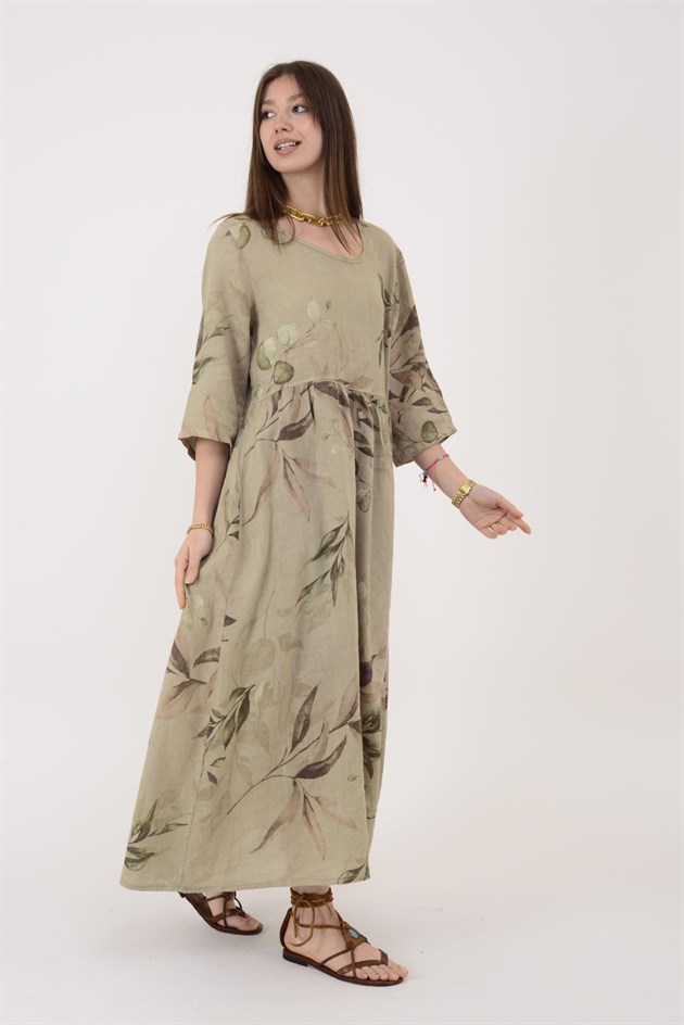 7148 SPRING YAPRAK DESEN KETEN ELBİSE