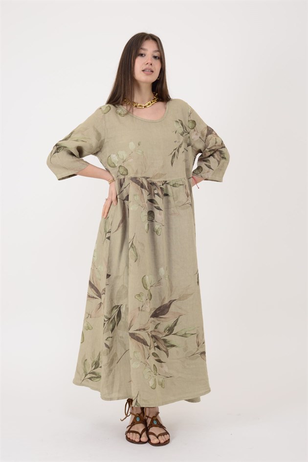 7148 SPRING YAPRAK DESEN KETEN ELBİSE
