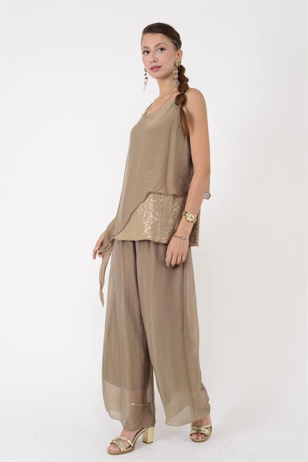 7161 ASİMETRİK KESİM PAYET DETAYLI İPEK BLUZ