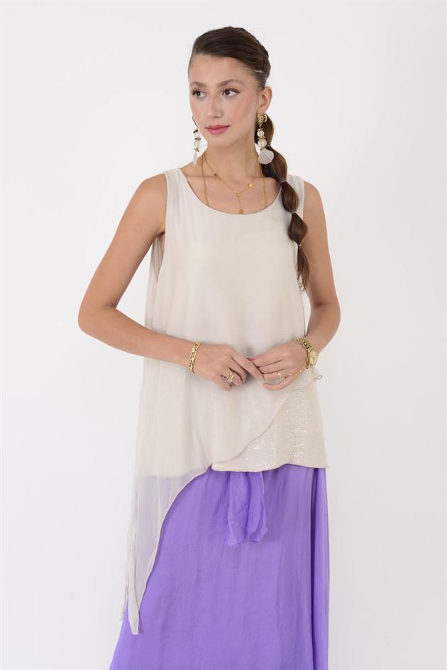 7161 ASİMETRİK KESİM PAYET DETAYLI İPEK BLUZ