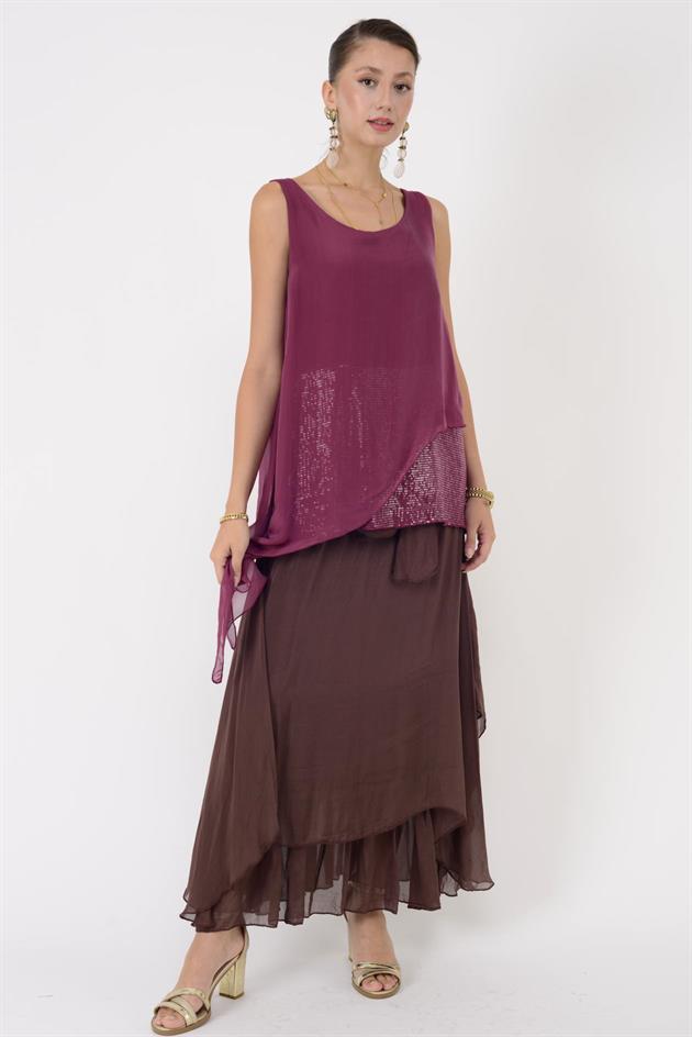 7161 ASİMETRİK KESİM PAYET DETAYLI İPEK BLUZ