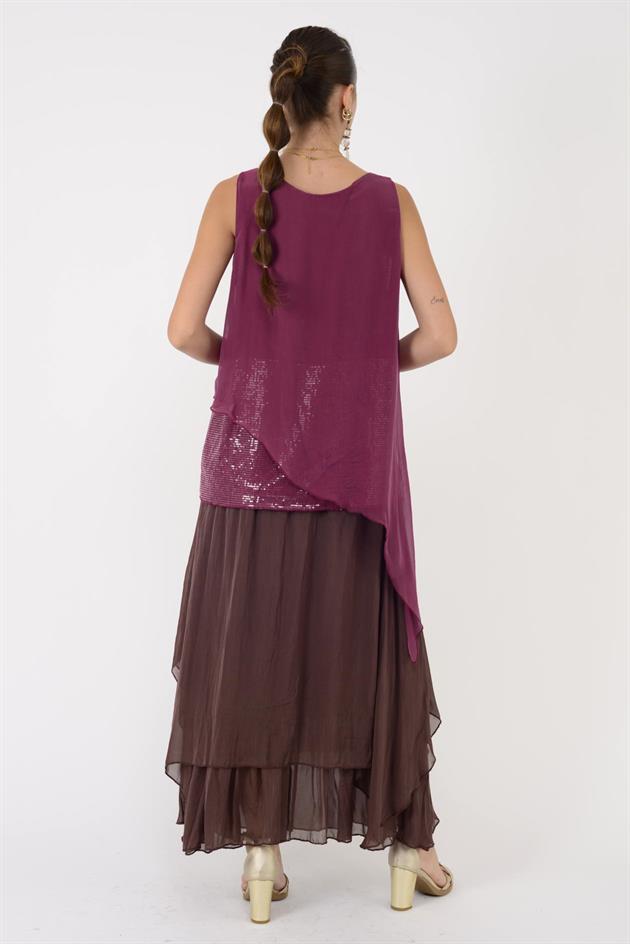 7161 ASİMETRİK KESİM PAYET DETAYLI İPEK BLUZ