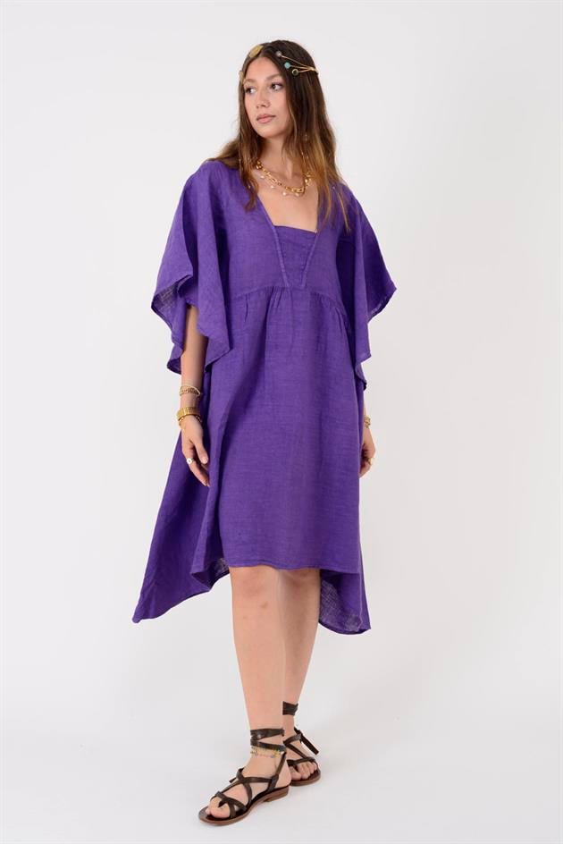 72111 BELLA ASİMETRİK KETEN ELBİSE