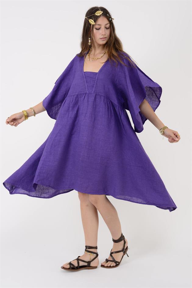 72111 BELLA ASİMETRİK KETEN ELBİSE