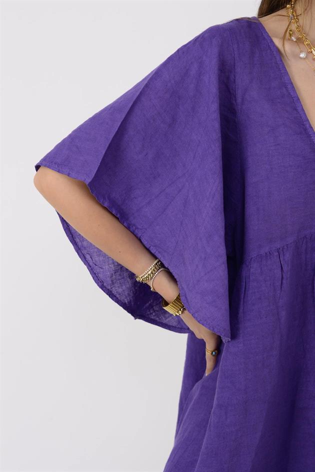 72111 BELLA ASİMETRİK KETEN ELBİSE