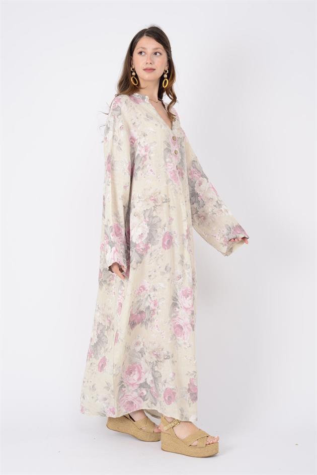 72230 SPRING ÇİÇEK DESEN KETEN ELBİSE