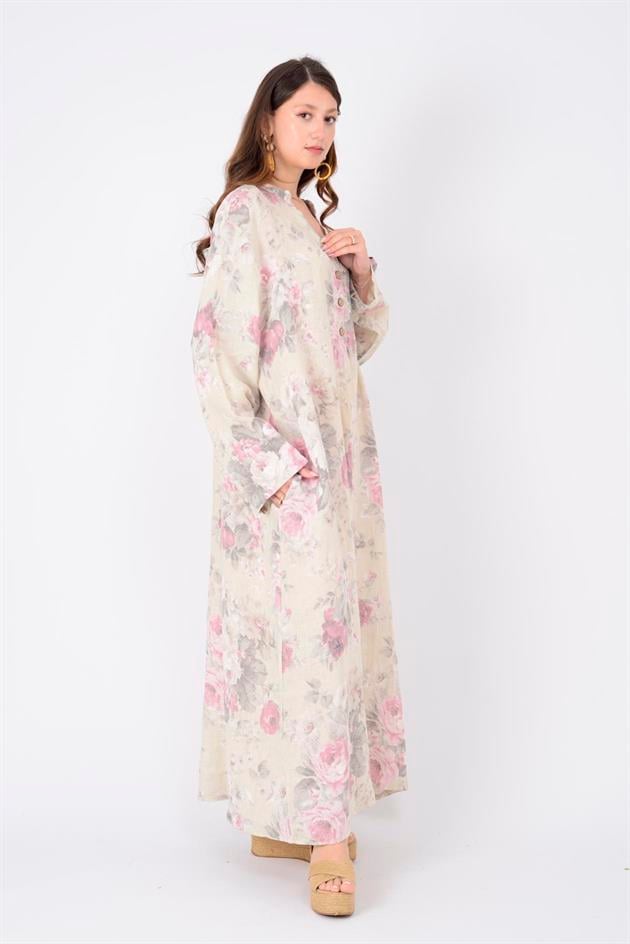 72230 SPRING ÇİÇEK DESEN KETEN ELBİSE
