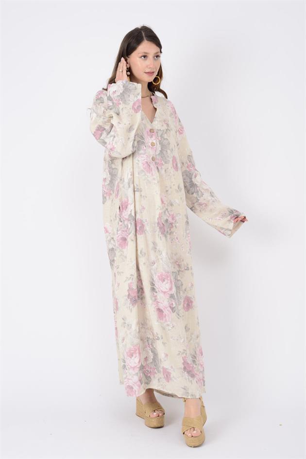 72230 SPRING ÇİÇEK DESEN KETEN ELBİSE