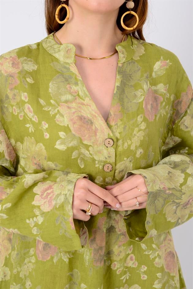 72230 SPRING ÇİÇEK DESEN KETEN ELBİSE