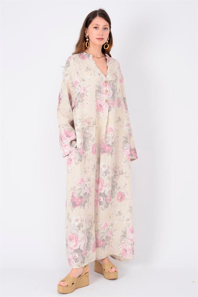 72230 SPRING ÇİÇEK DESEN KETEN ELBİSE