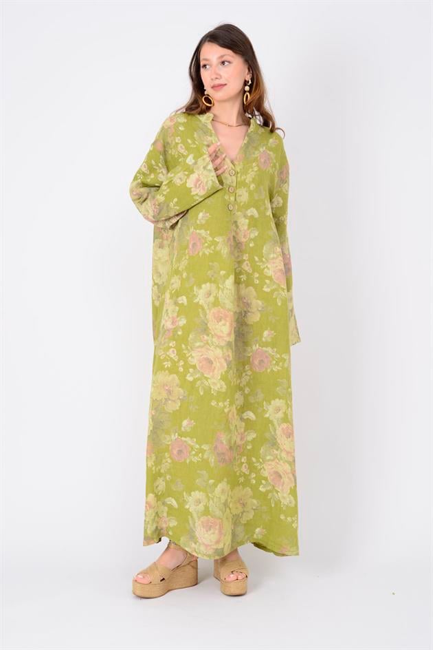 72230 SPRING ÇİÇEK DESEN KETEN ELBİSE