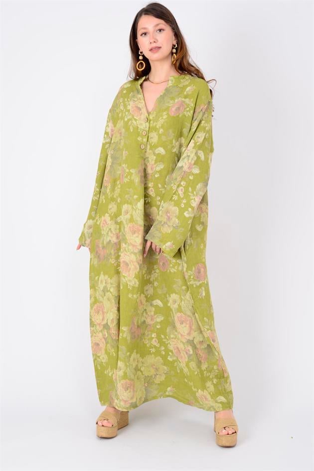 72230 SPRING ÇİÇEK DESEN KETEN ELBİSE