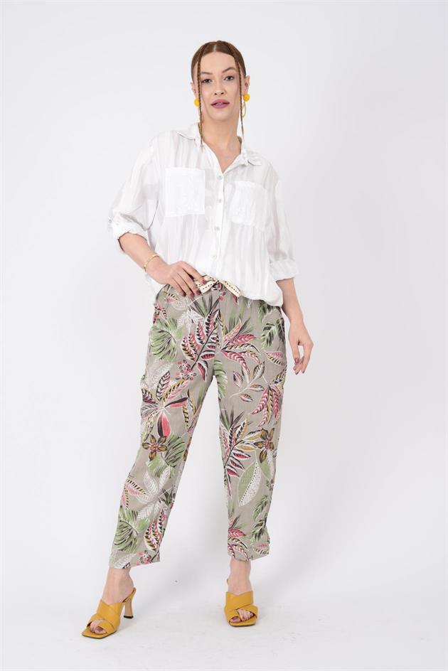 7232 SPRING YAPRAK DESEN KEMER DETAYLI KETEN HAVUÇ PANTOLON