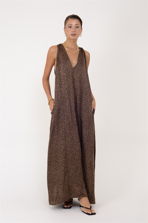 72466 LEOPAR DESEN SIRT DETAYLI V YAKA ELBİSE