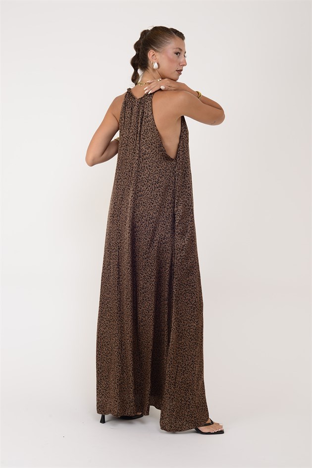 72466 LEOPAR DESEN SIRT DETAYLI V YAKA ELBİSE